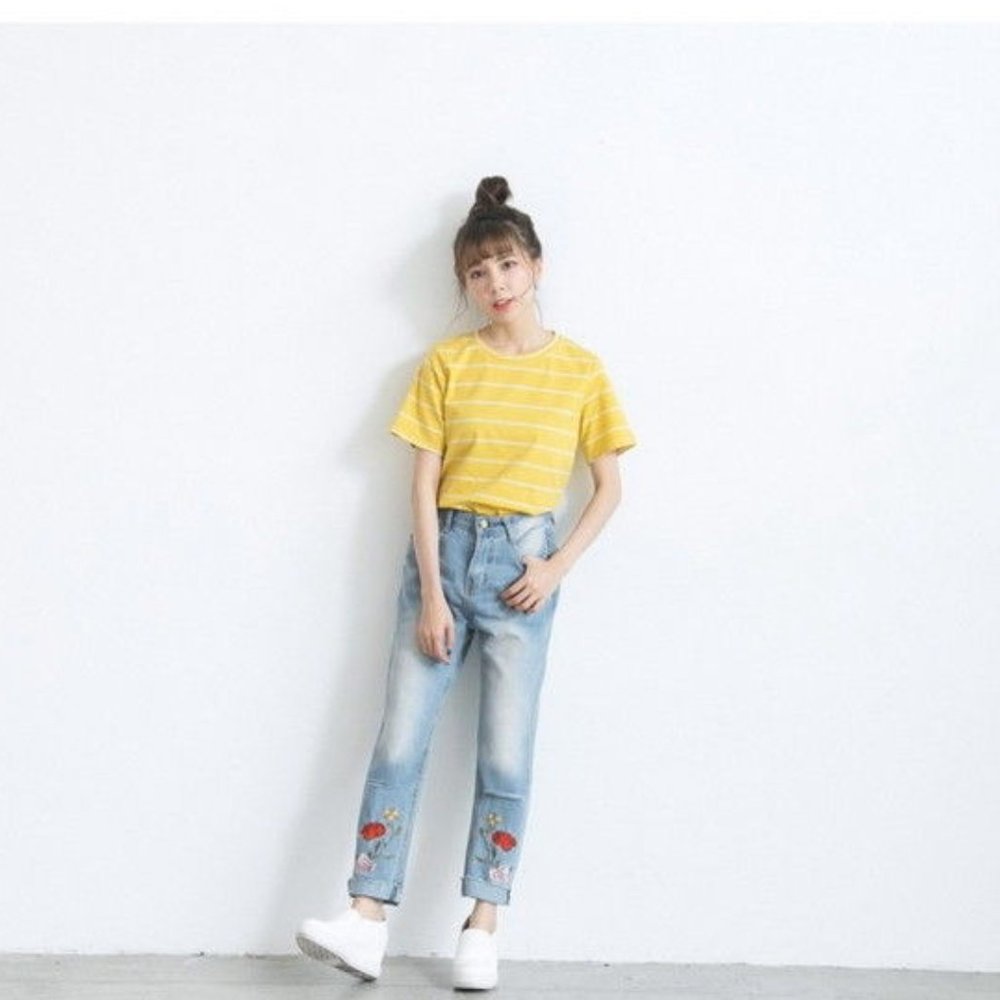 Round Neck Striped T-Shirt One Size Yellow